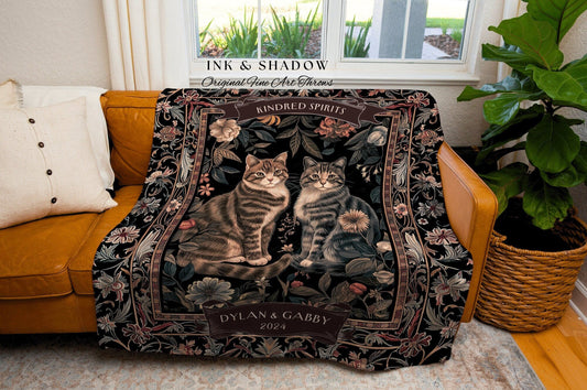 Elegant Floral Cat Couple Blanket | Victorian Gothic Aesthetic Woven Throw Custom Gift for Cat Lover Personalized Dating First Anniversary