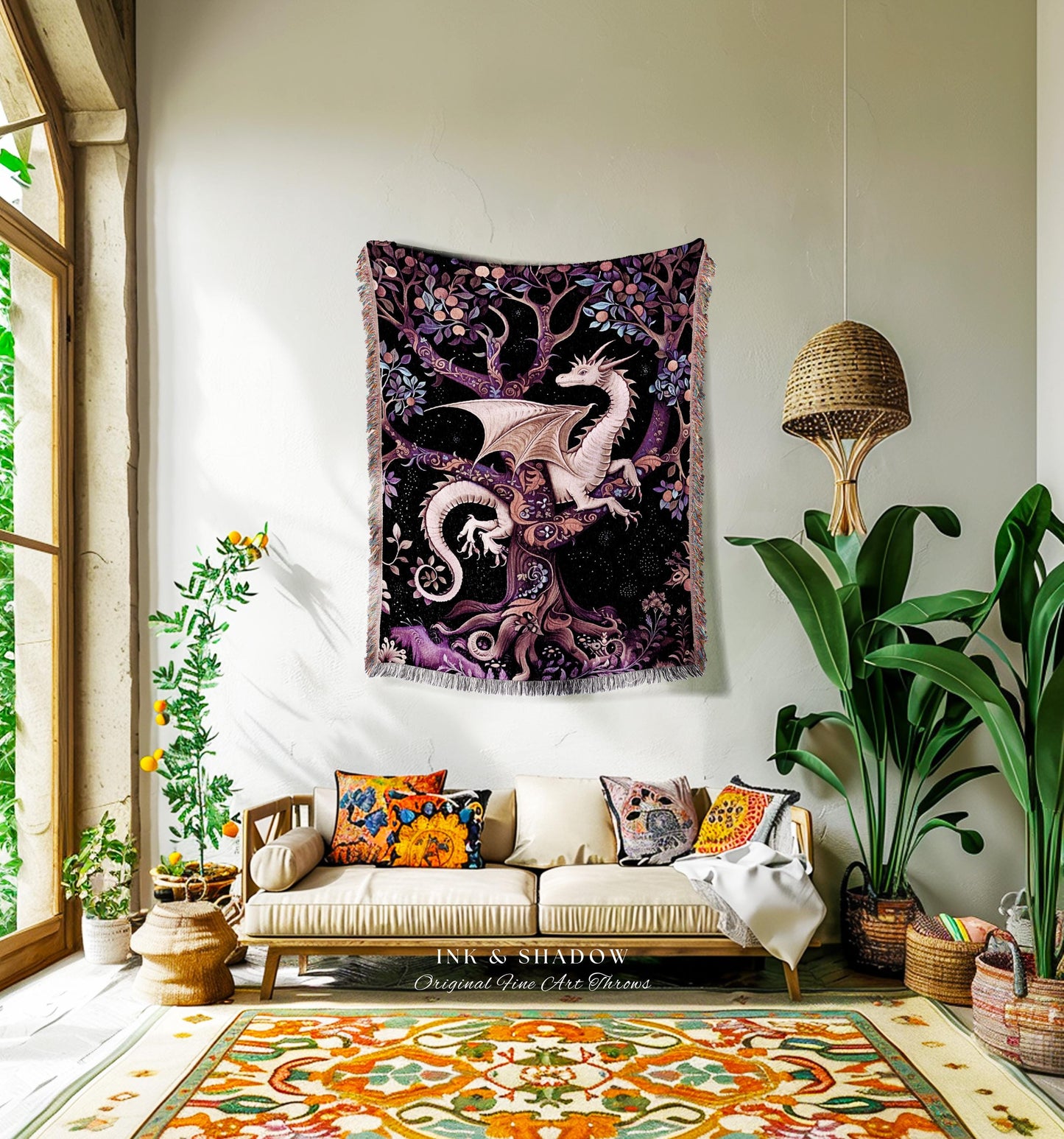 Bohemian Mystic Dragon Tapestry Blanket Whimsical Celestial Night Dark Nature Art | Boho Fantasy Decor Eclectic Purple Mystic Forest Throw