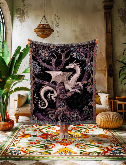 Bohemian Mystic Dragon Tapestry Blanket Whimsical Celestial Night Dark Nature Art | Boho Fantasy Decor Eclectic Purple Mystic Forest Throw