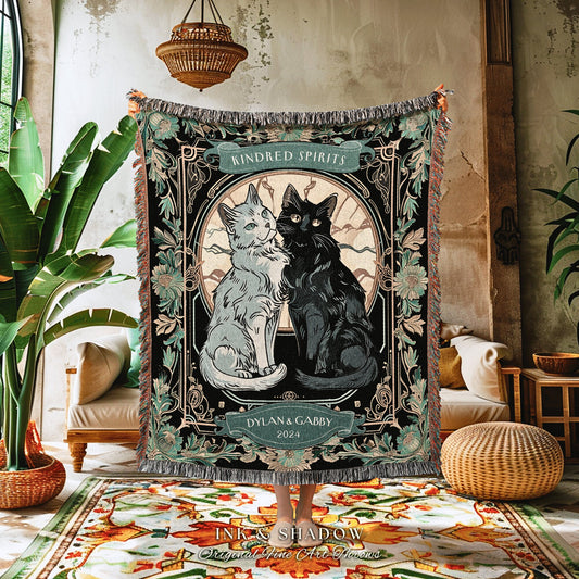 Engagement Blanket Personalized Cat Couple | Victorian Aesthetic Woven Throw Custom Gift for Cat Lover Personalized Dating First Anniversary