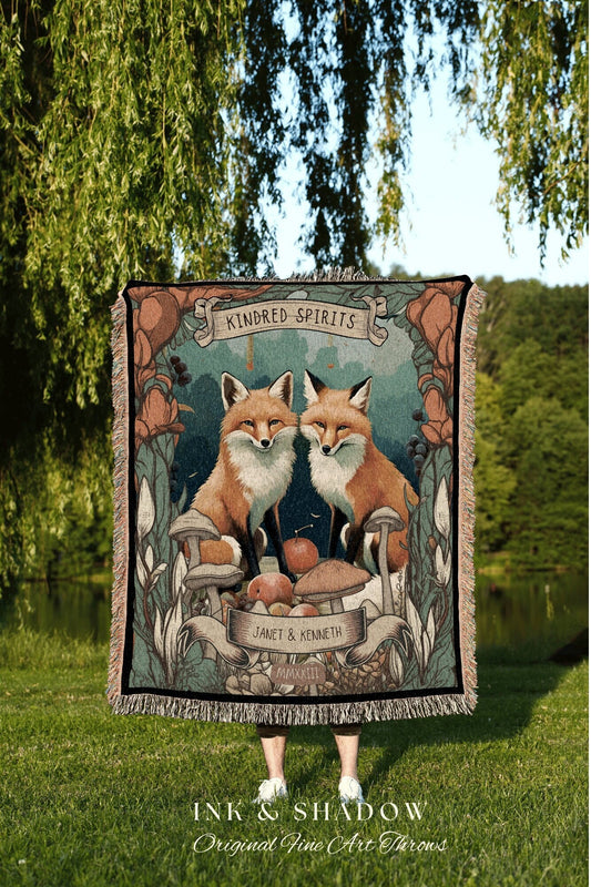 Fox Couple Personalized Blanket | Woodland Wedding Gothic Fox Blanket Cute Couples Tapestry Personalized Mr & Mrs Anniversary Blanket Custom