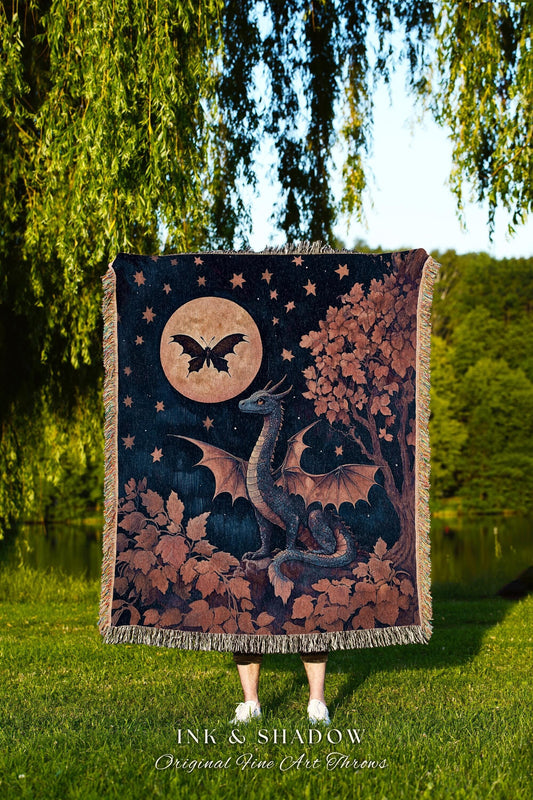 Whimsical Celestial Dragon Throw Enchanted Fall Forest Starry Night Throw | Magical Woodland Goblincore Mystical Moon Fairytale Ethereal Art