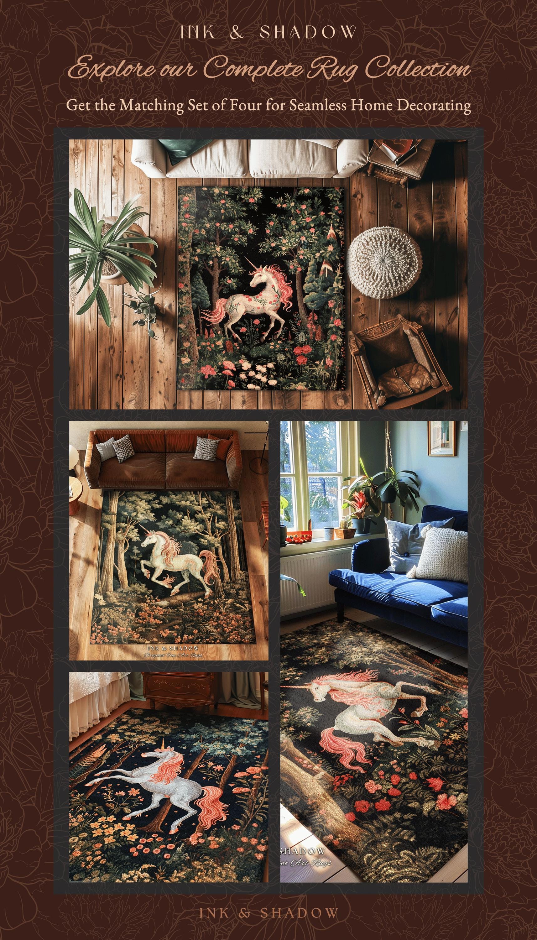 Medieval Unicorn Rug Woodland Aesthetic Enchanted Forest Decor | Whimsical Cottagecore Fantasy Art Mystic Forestcore Vintage Gothic Runner