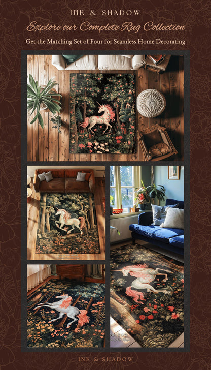 Medieval Unicorn Runner Rug Woodland Aesthetic Enchanted Forest Decor Whimsical Cottagecore Fantasy Art Mystic Forestcore Vintage Gothic Rug