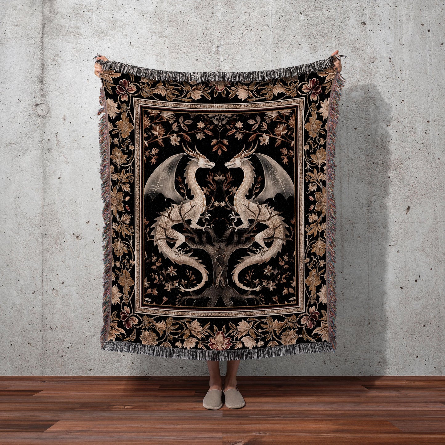 Ethereal Dragon Lover Woven Throw Magical Fantasy Gothic Decor | Enchanted Gift Fairytale Art Deco Tapestry Blanket Dark Academia Aesthetic