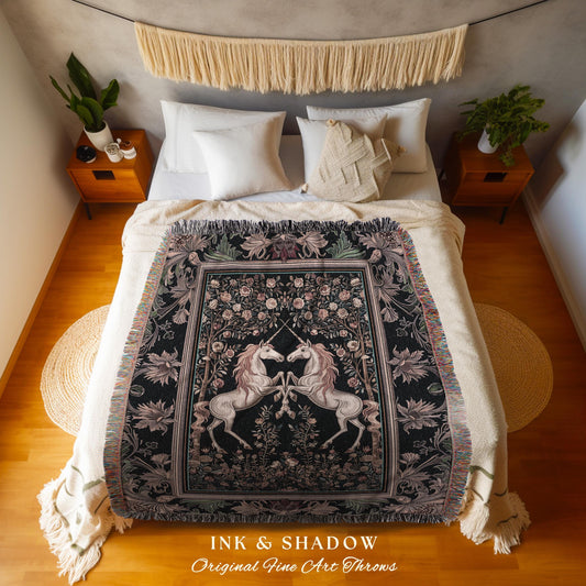Floral Fairytale Ethereal Unicorn Tapestry | Woodland Whimsy Fairy Blanket Woven Whimsical Lavender Purple Decor Magic Cottagecore Throw |