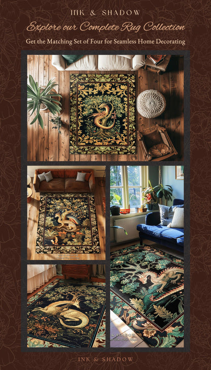 Baroque Dragon Fantasy Runner Rug | Dark Medieval Enchanting Nature Accent Ancient Aesthetic Ethereal Storybook Home Accent Forestcore Magic