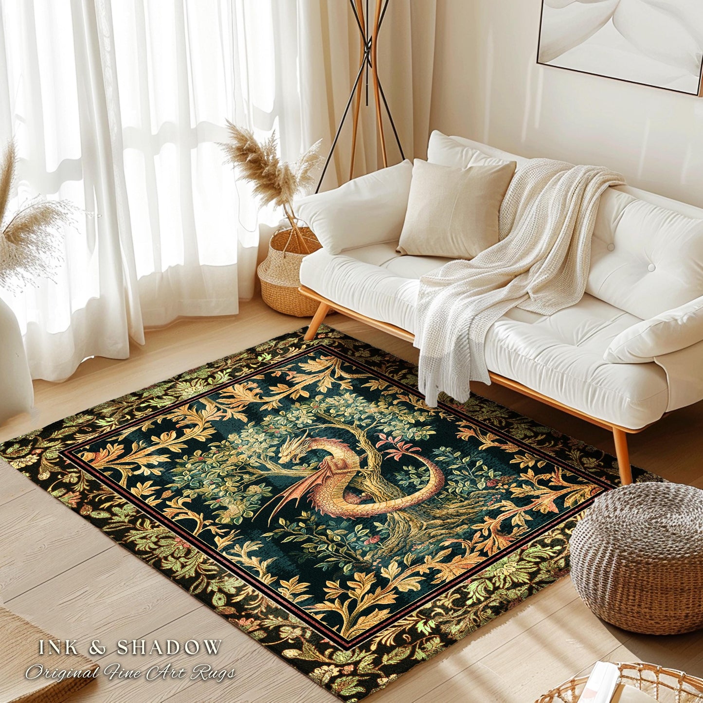 Ornate Victorian Gothic Round Dragon Area Rug Enchanted Baroque Medieval Forestcore | Mystic Vintage Fantasy Forest Whimsical Woodland Decor