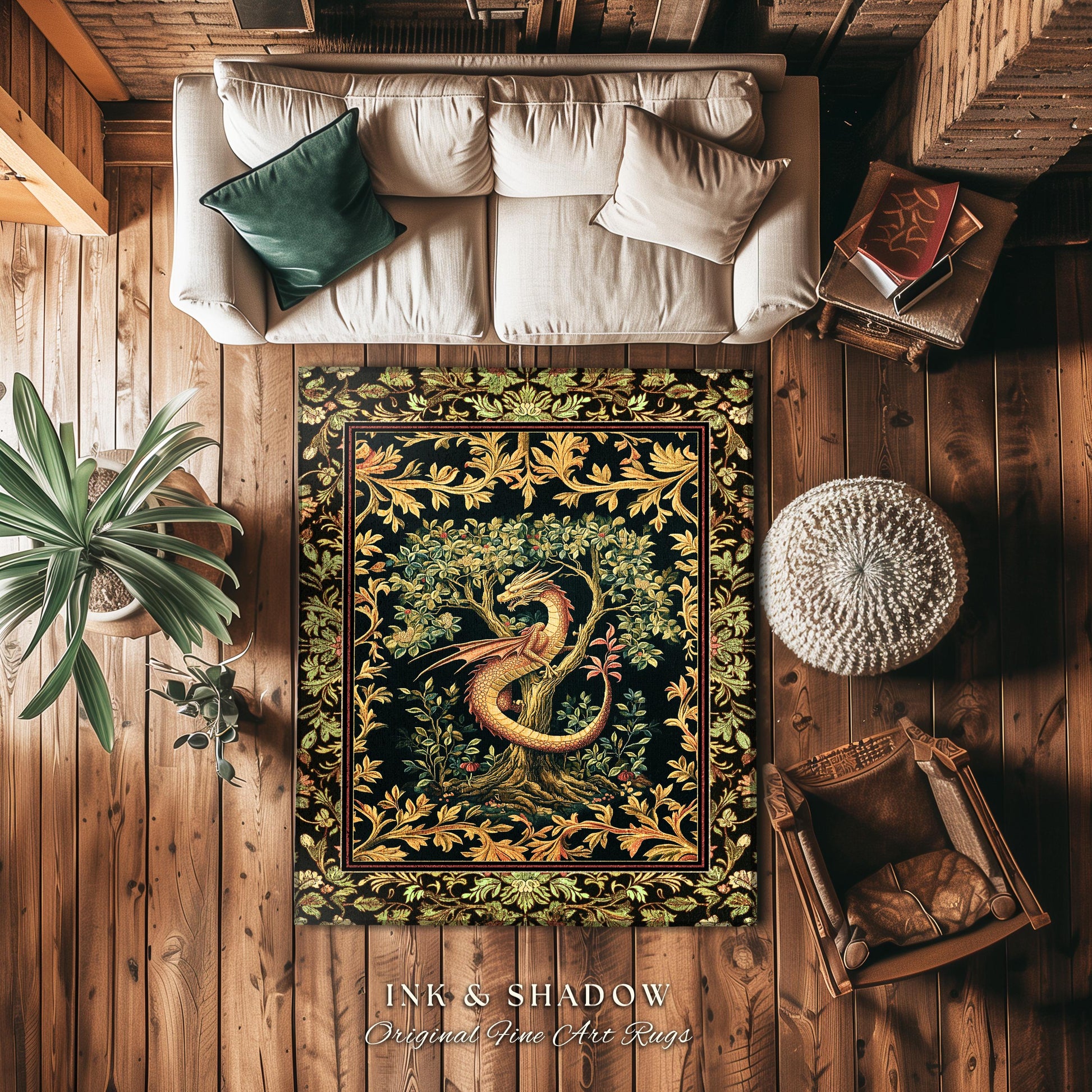 Ornate Victorian Gothic Round Dragon Area Rug Enchanted Baroque Medieval Forestcore | Mystic Vintage Fantasy Forest Whimsical Woodland Decor