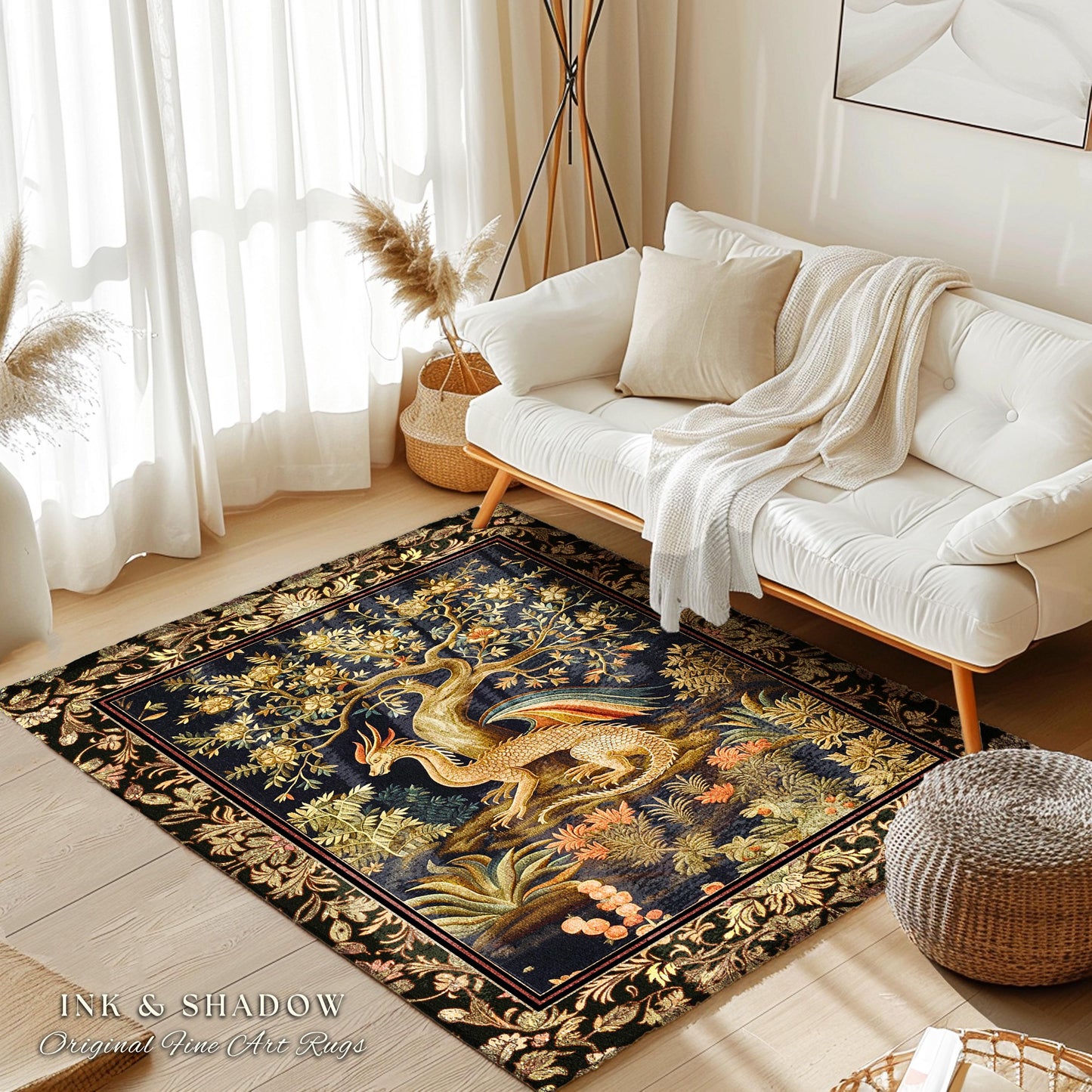 Baroque Dragon Fantasy Runner Rug | Dark Medieval Enchanting Nature Accent Ancient Aesthetic Ethereal Storybook Home Accent Forestcore Magic