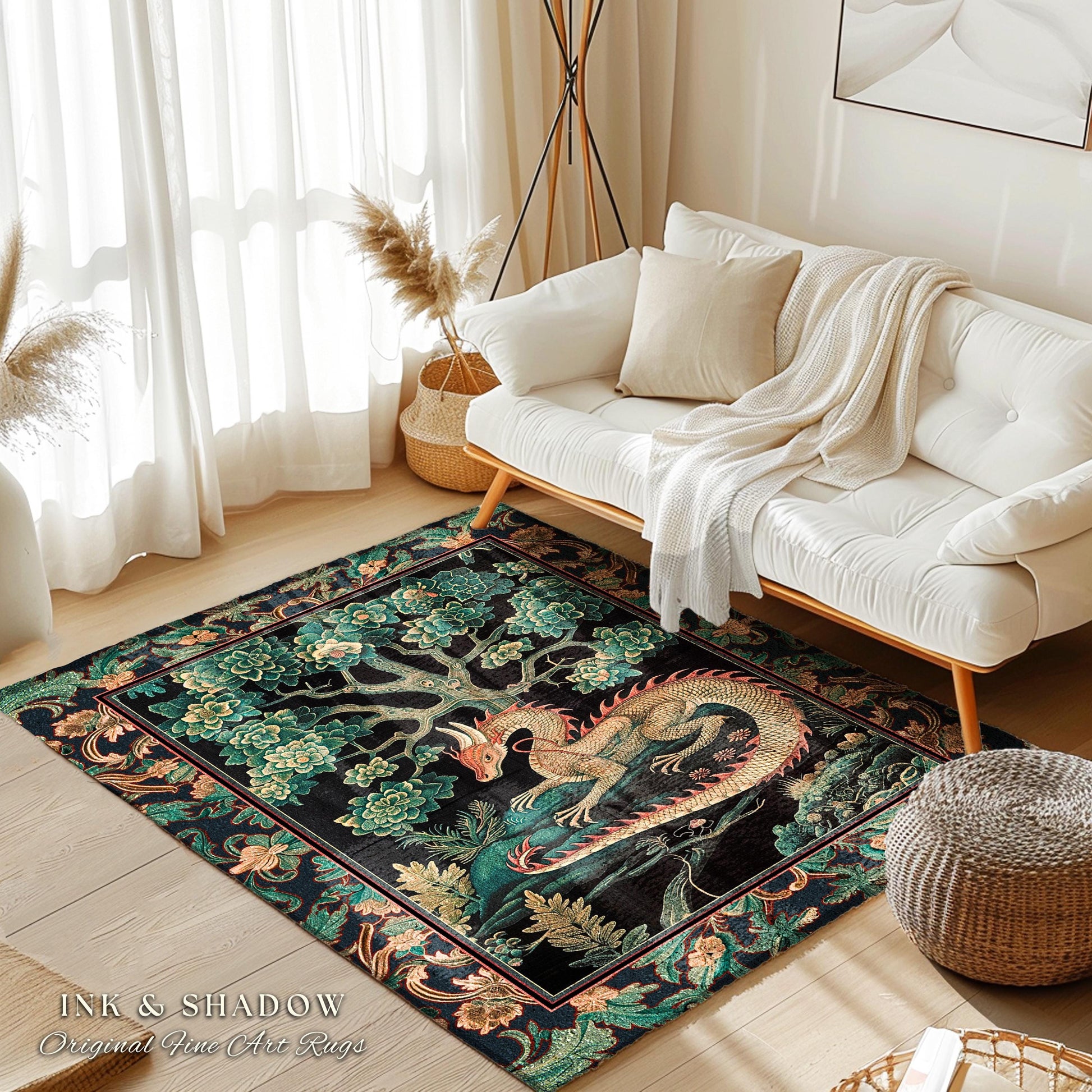 Woodland Dragon Round Area Rug Enchanted Forest Medieval Fantasy Charm Dark Forestcore Fairytale Cottagecore Renaissance Nature Home Accent