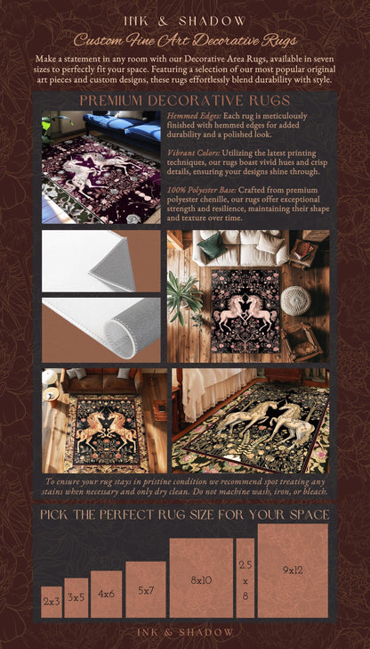 Dark Fairytale Unicorn Runner Rug | Whimsical Fairycore Home Accent Victorian Gothic Floral Decor Baroque Romantic Mystic Cute Area Rug Boho