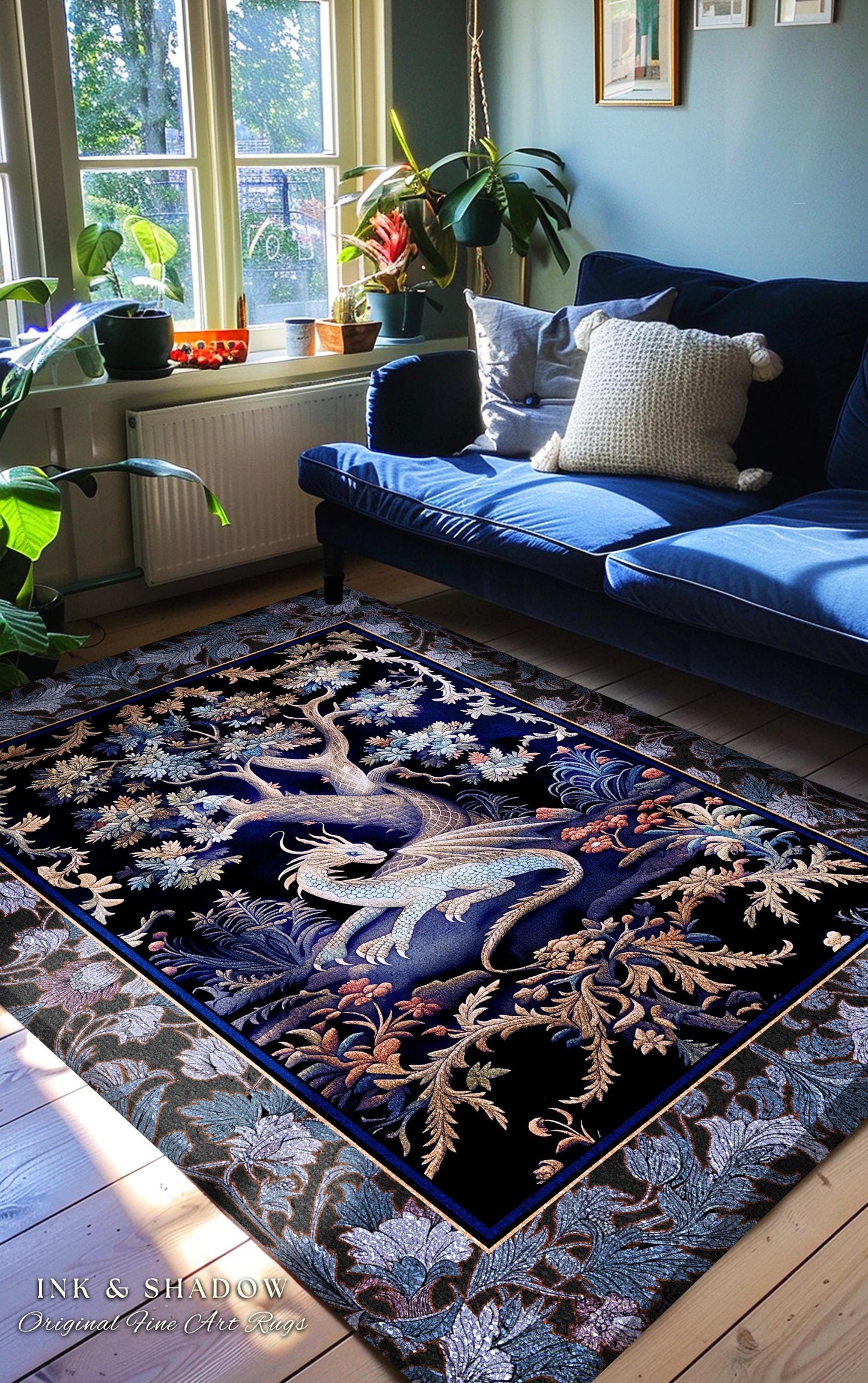 Mystic Moody Dragon Runner Rug | Ethereal Botanical Woodland Magic Fantasy Theme Bedroom French Baroque Fantasy Tree Entryway Rug Blue Hues