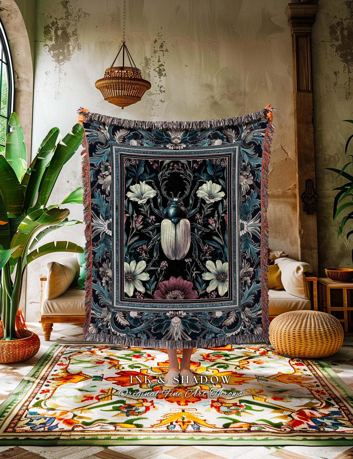 Victorian Gothic Scarab Beetle Blanket Enchanted Dark Botanical, Whimsigothic Floral Art Nouveau Fairycore Cottagegoth Indigo Insect Throw