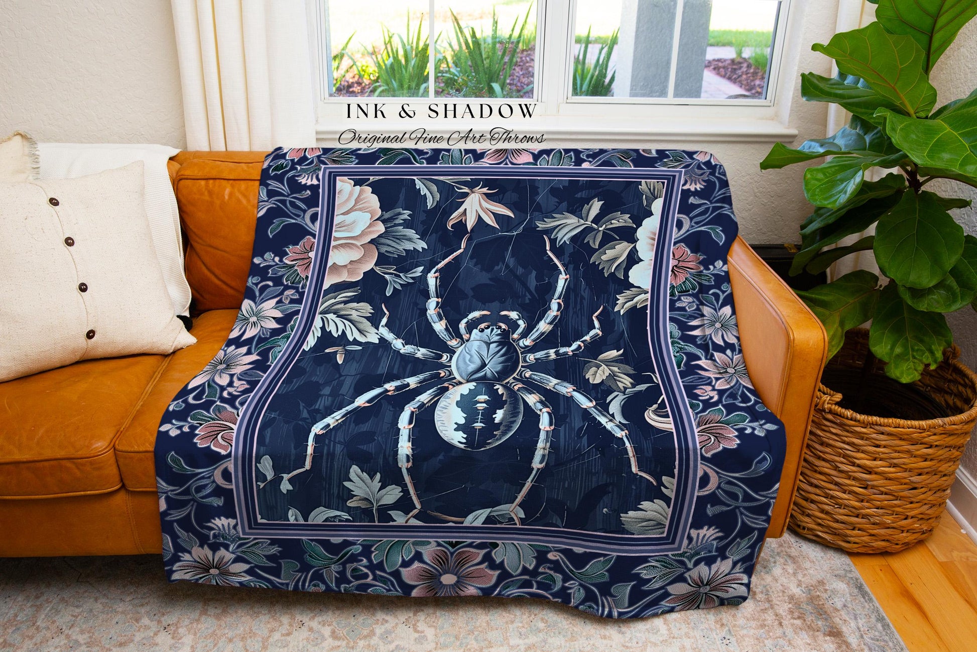 French Baroque Antique Blue Botanical Spider Blanket Gothic Victorian Cottagecore | Whimsical Vintage Enchanted Nature Flora Tapestry Throw