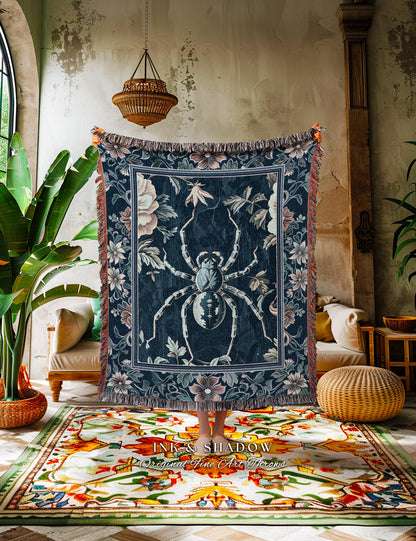 French Baroque Antique Blue Botanical Spider Blanket Gothic Victorian Cottagecore | Whimsical Vintage Enchanted Nature Flora Tapestry Throw