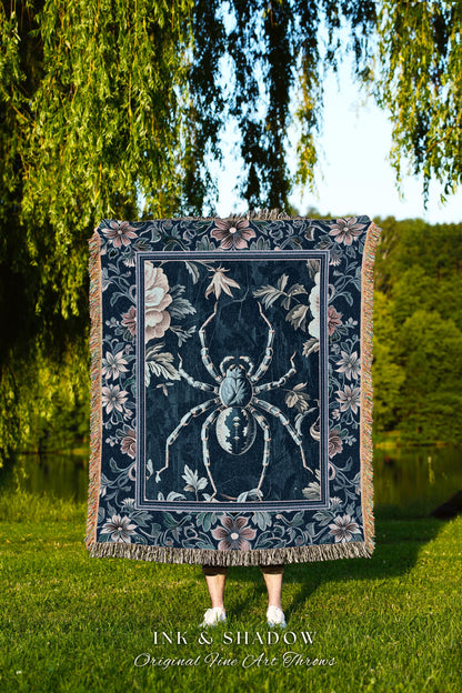 French Baroque Antique Blue Botanical Spider Blanket Gothic Victorian Cottagecore | Whimsical Vintage Enchanted Nature Flora Tapestry Throw