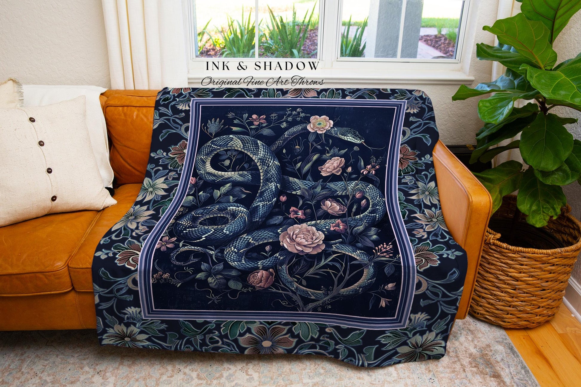 Midnight Blue Dark Floral Serpent Tapestry Throw Whimsical Vintage Botanical Snake Blanket Victorian Gothic Macabre Art Enchanted Forestcore