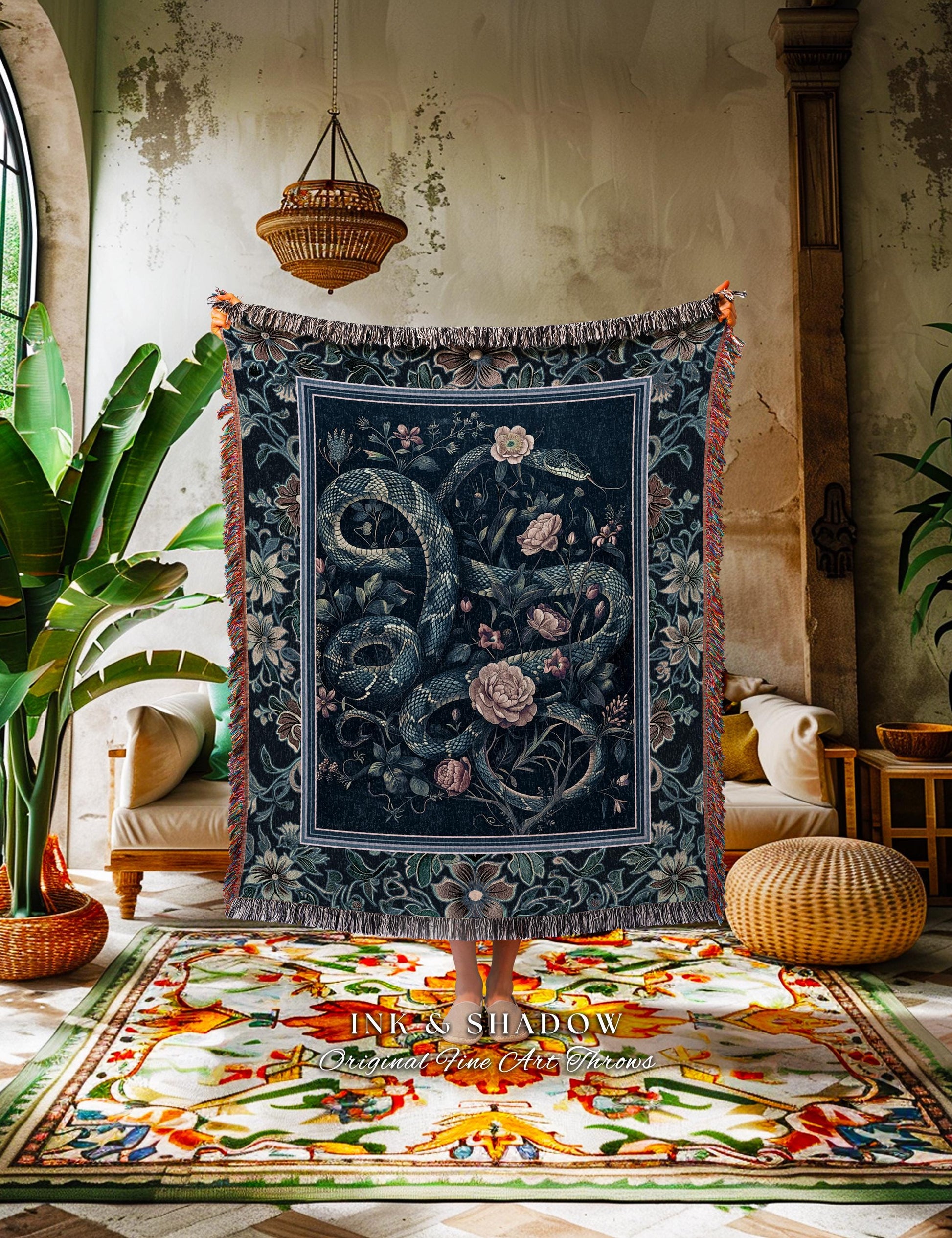 Midnight Blue Dark Floral Serpent Tapestry Throw Whimsical Vintage Botanical Snake Blanket Victorian Gothic Macabre Art Enchanted Forestcore