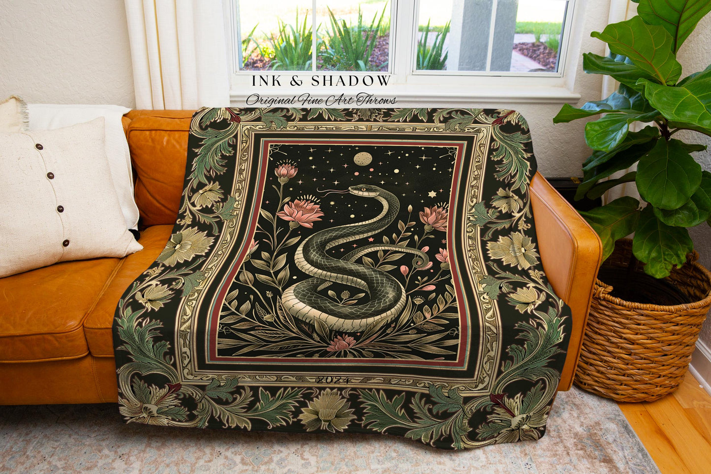 Celestial Serpent Woven Tapestry Throw Enchanted Floral Gothic Blanket | Mystical Moonlit Medieval Snake Art Dark Academia Vintage Baroque