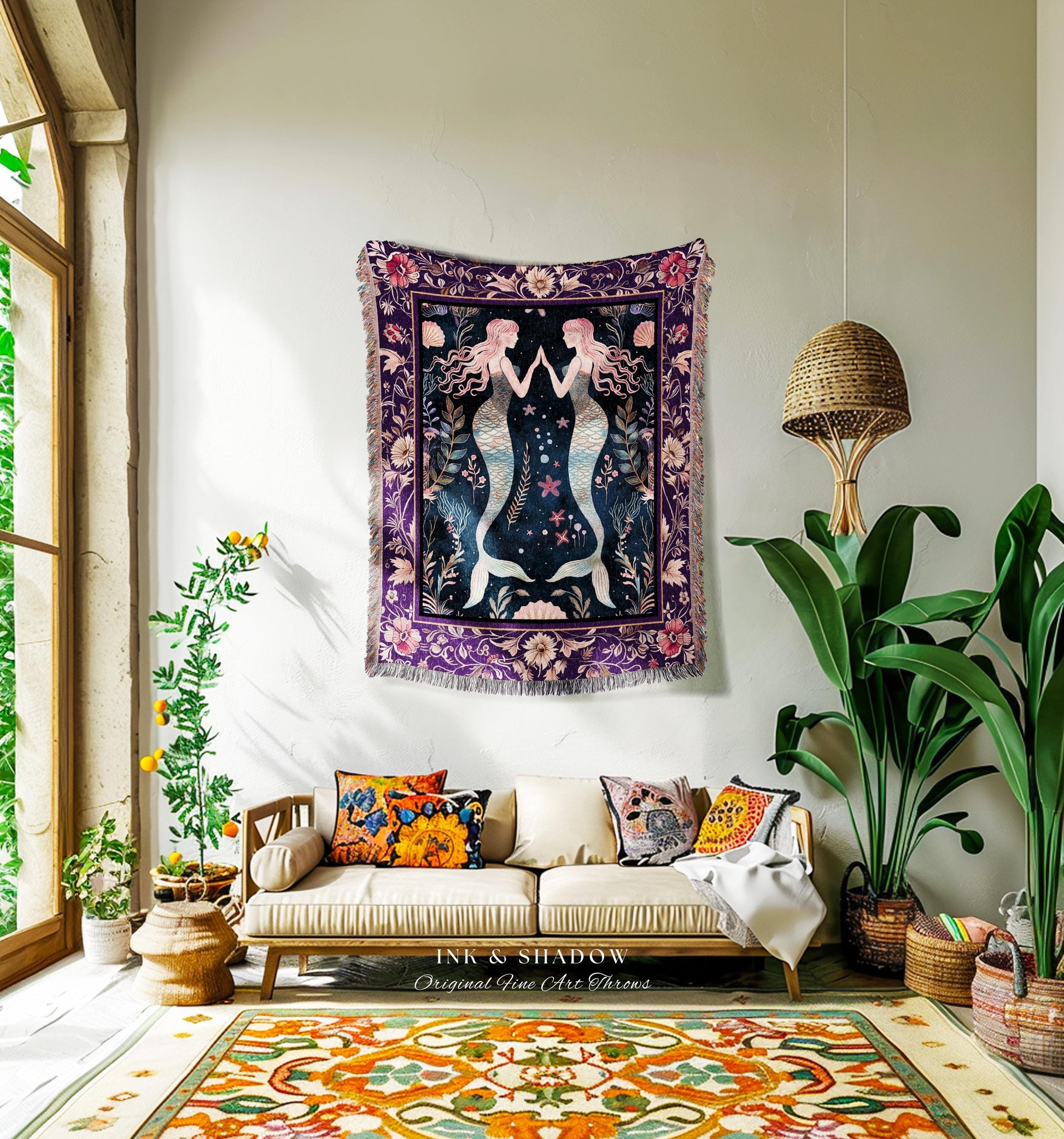 Retro Art Deco Mermaid Blanket Whimsical Coastal Cottagecore Vintage Floral Enchanted Purple Underwater Fantasy Sea Shell Tapestry Throw