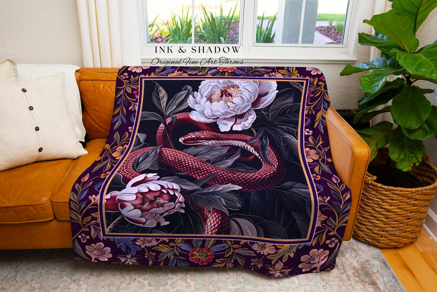 Whimsigothic Dark Floral Serpent Tapestry Blanket Enchanted Forest Whimsical Purple Botanical Throw | Witchy Cottagecore Vintage Snake Art