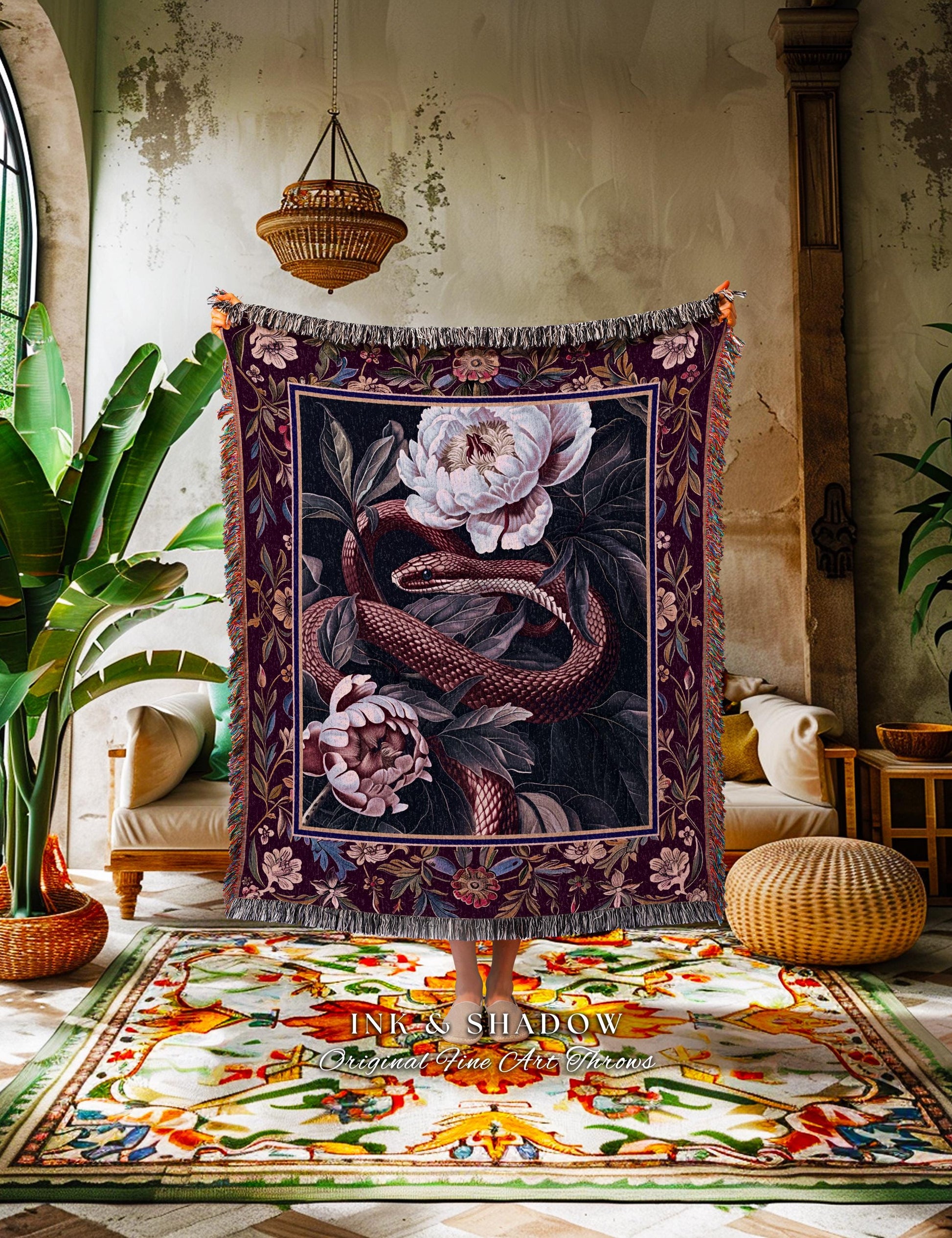 Whimsigothic Dark Floral Serpent Tapestry Blanket Enchanted Forest Whimsical Purple Botanical Throw | Witchy Cottagecore Vintage Snake Art