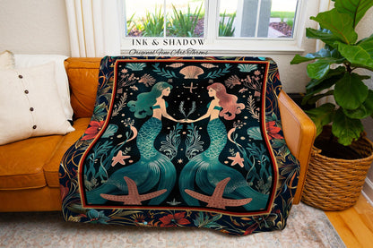 Ethereal Art Nouveau Sea Nymph Tapestry Throw Whimsical Dark Academia Coastal Blanket Mystical Mermaid Cottagecore Enchanted Ocean Folklore