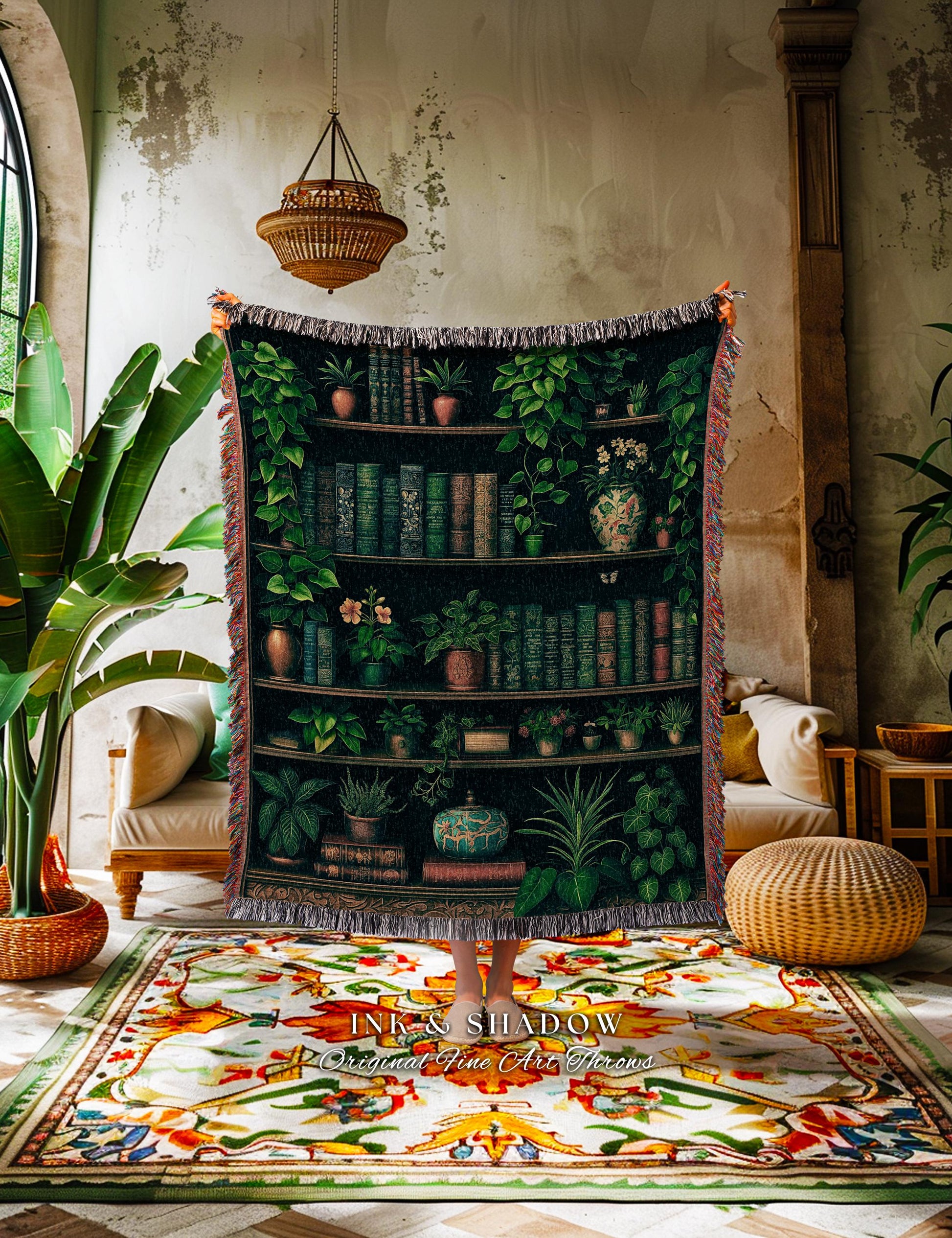 Book Lover Dark Botanical Tapestry Blanket Woven Throw Gothic Home Decor | Dark Academia Whimsigothic Book Nook Boho Decor Vintage Aesthetic