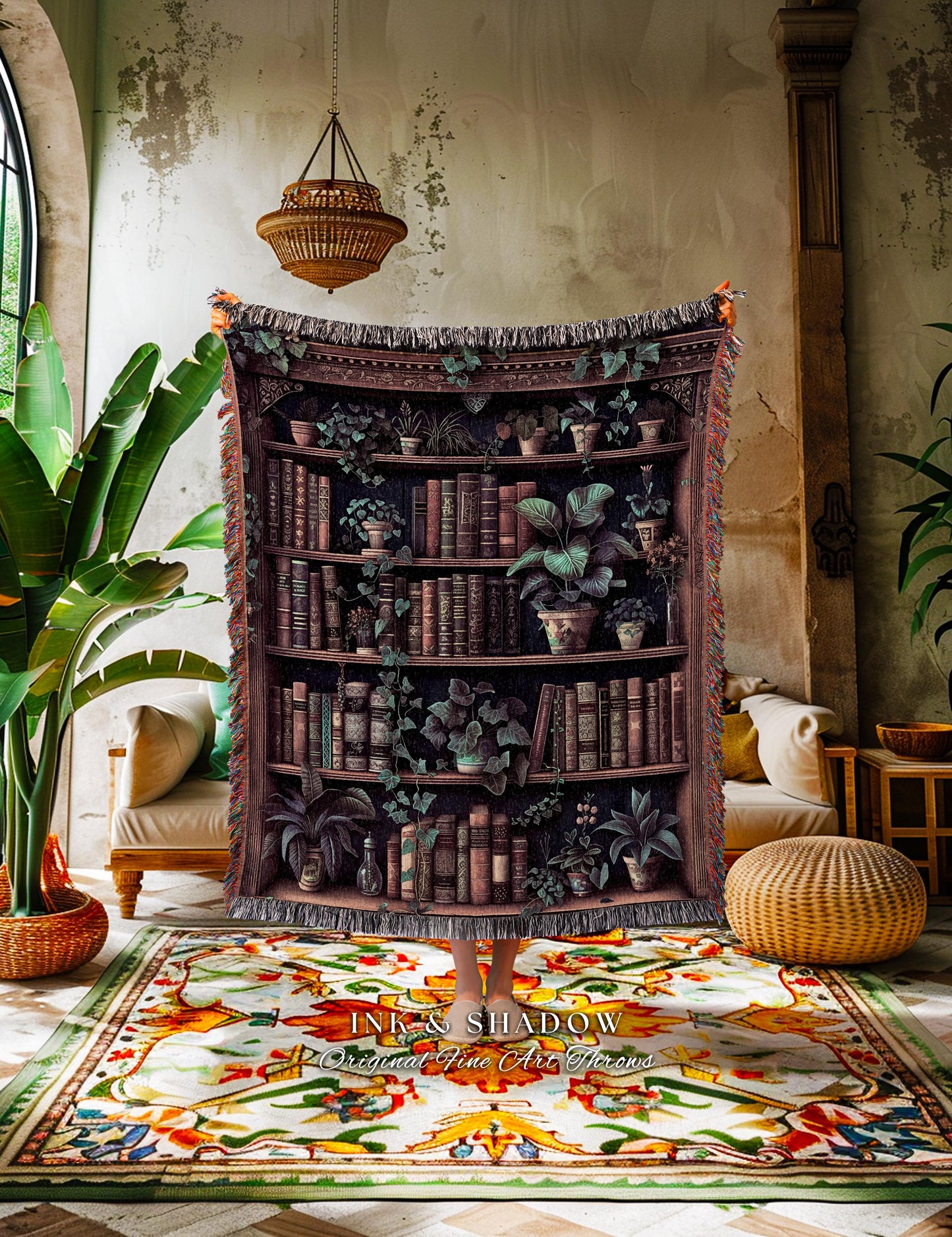 Retro Victorian Gothic Bookshelf Botanical Tapestry Blanket Dark Academia | Cozy Literary Gift Vintage Book Lover Throw Classic Reading Nook