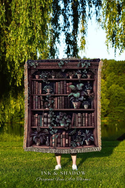 Retro Victorian Gothic Bookshelf Botanical Tapestry Blanket Dark Academia | Cozy Literary Gift Vintage Book Lover Throw Classic Reading Nook