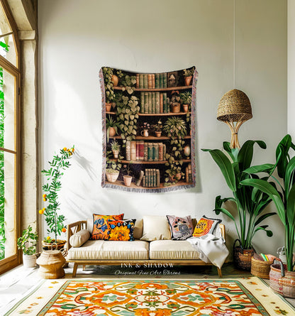 Dark Academia Woven Tapestry Blanket Vintage Library Decor Botanical Cottagecore Bookshelf Throw | Gothic Cottage Cozy Reading Nook Decor