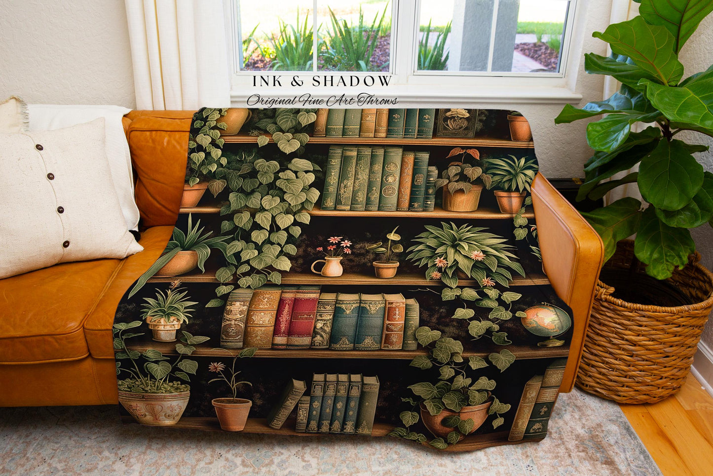 Dark Academia Woven Tapestry Blanket Vintage Library Decor Botanical Cottagecore Bookshelf Throw | Gothic Cottage Cozy Reading Nook Decor