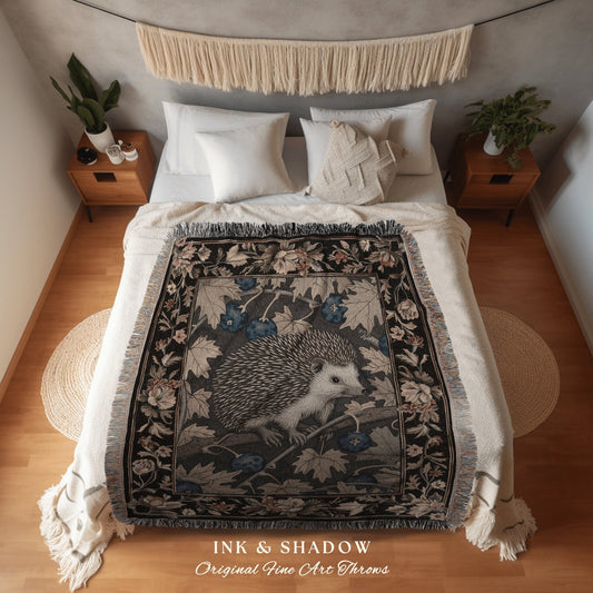 Autumn Aesthetic Hedgehog Tapestry | Dark Woodland Blanket Cozy Cottagecore Reading Corner Throw Dark Fairycore Room Victorian Hedge Hog |