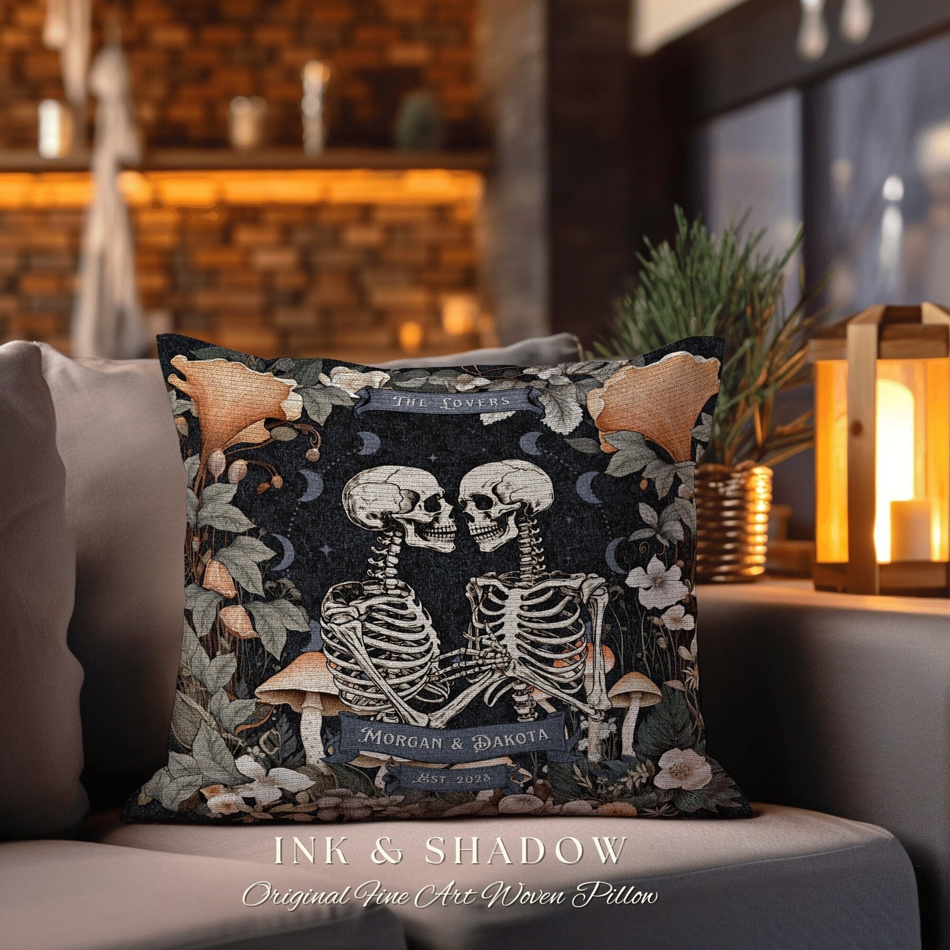 Skeleton Lovers Throw Pillow Woven | Cottagecore Decor Custom Anniversary Meaningful Wedding Gift for Couple Housewarming Unique Couple Gift