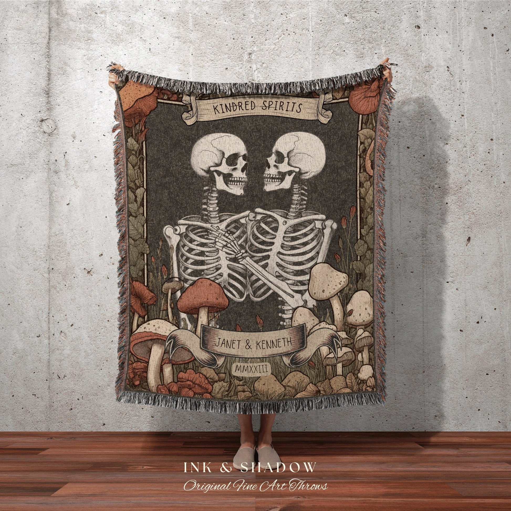 Skeleton Couple Custom Blanket | Cottagecore Wedding Gothic Skeleton Blanket Couples Tapestry Personalized Mr & Mrs Anniversary Blanket |