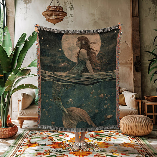 Lunar Witch Mermaid Blanket | Fairycore Bedroom Celestial Throw Ethereal Sirencore Moody Decor Witchy Woven Wall Art Cottagecore Aesthetic