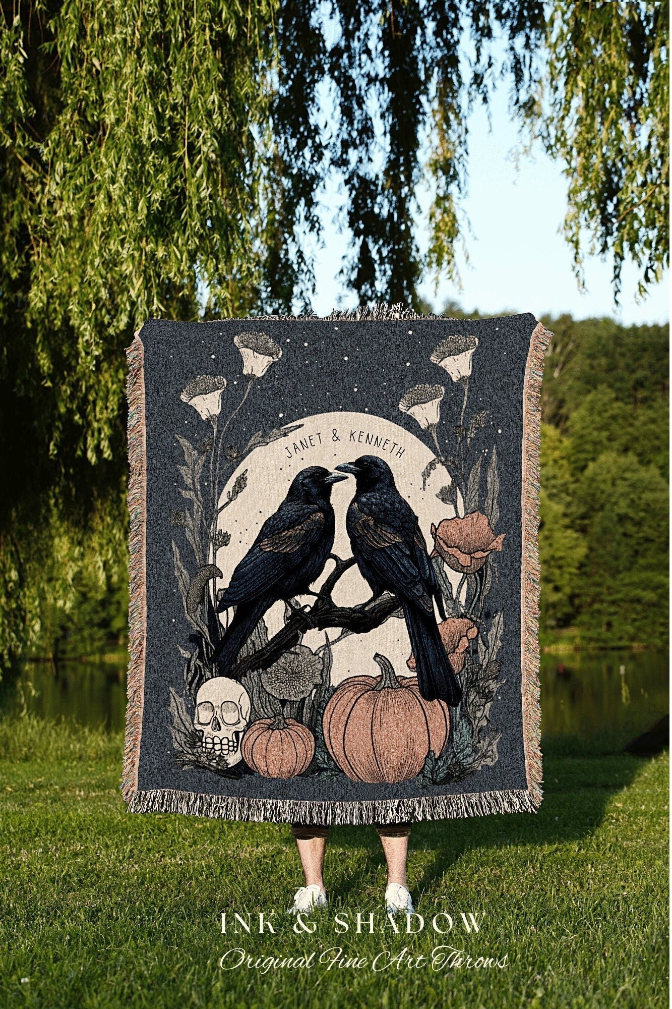 Crowcore Couples Tapestry Personalized Gift | Gothic Gift Personalized Blanket Woven | Gift for Goth Couples Raven Blanket Dark Academia |