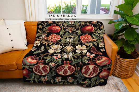 Cottagecore Pomegranate Blanket Enchanted Woodland Whimsy Throw | Vintage Floral Romantic Baroque Whimsical Cottagegoth Cozy Elegance Decor