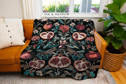 Woodland Gothic Pomegranate Botanical Blanket Enchanted Forest Nature Decor | Romantic Baroque Whimsical Floral Cottagecore Tapestry Throw