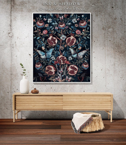 Moody Dark Botanical Pomegranate Art Blanket Victorian Nouveau Butterfly Tapestry Throw, Mystic Woodland Whimsigoth Enchanted Forest Florals