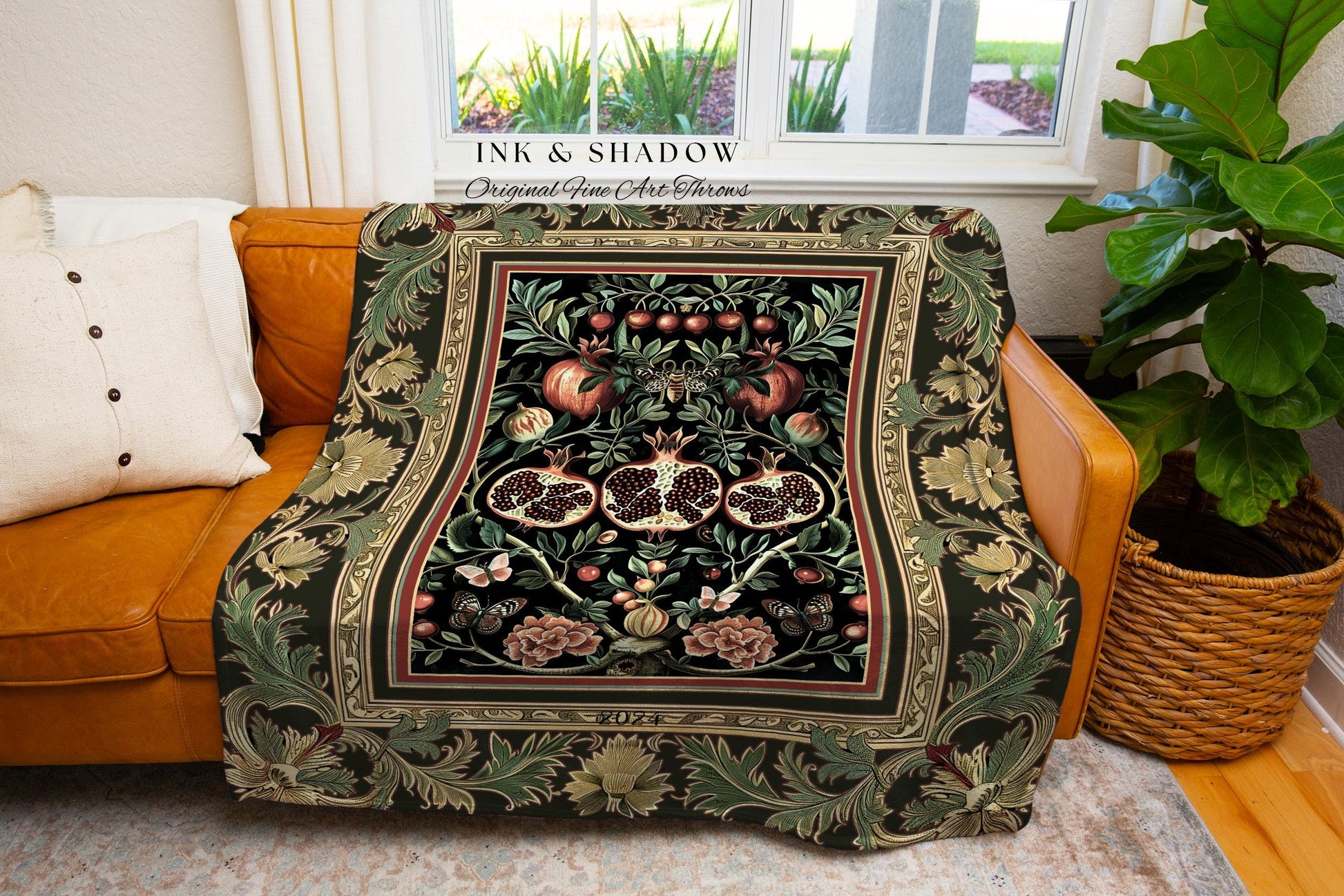 Forestcore Moody Maximalism Pomegranate Blanket Earthy Whimsigoth Aesthetic, Floral Fairycore Grunge Medieval Nature Inspired Tapestry Throw