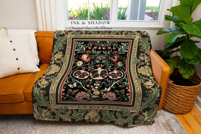 Forestcore Moody Maximalism Pomegranate Blanket Earthy Whimsigoth Aesthetic, Floral Fairycore Grunge Medieval Nature Inspired Tapestry Throw