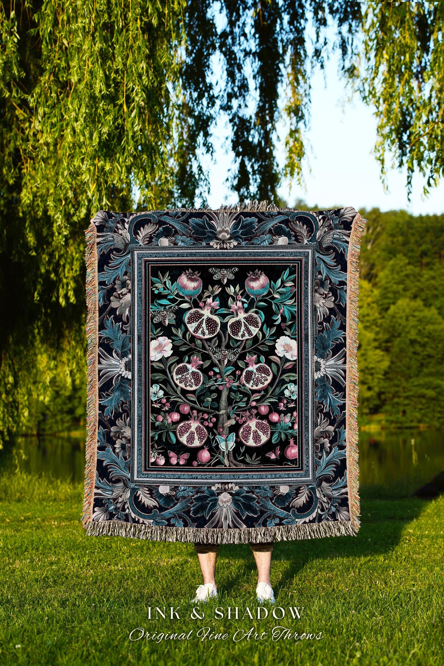 Enchanted Floral Pomegranate Blanket Whimsigothic Botanical Cottagecore Tapestry Throw, Dark Academia Decor Indigo Blue Art Nouveau Accents