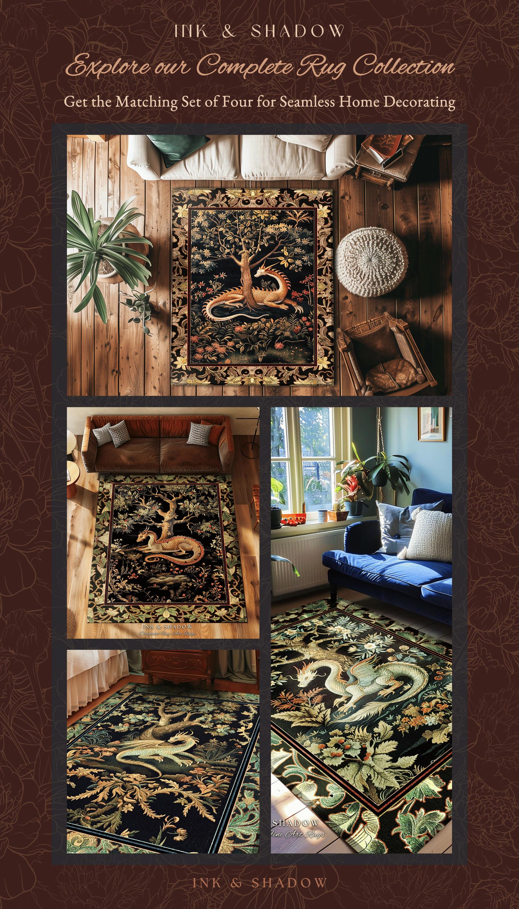 Ancient Dragon Art Rug Mystical Enchanting Forest Decor | Antique Baroque Aesthetic Academia Dark Fantasy Ethereal Runner Rug Folklore Home