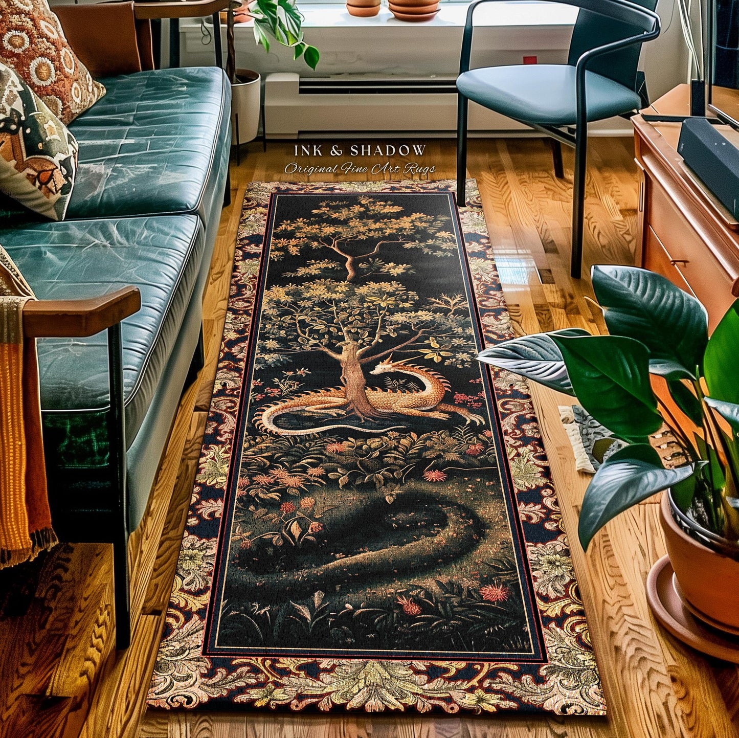 Ancient Dragon Art Rug Mystical Enchanting Forest Decor | Antique Baroque Aesthetic Academia Dark Fantasy Ethereal Runner Rug Folklore Home