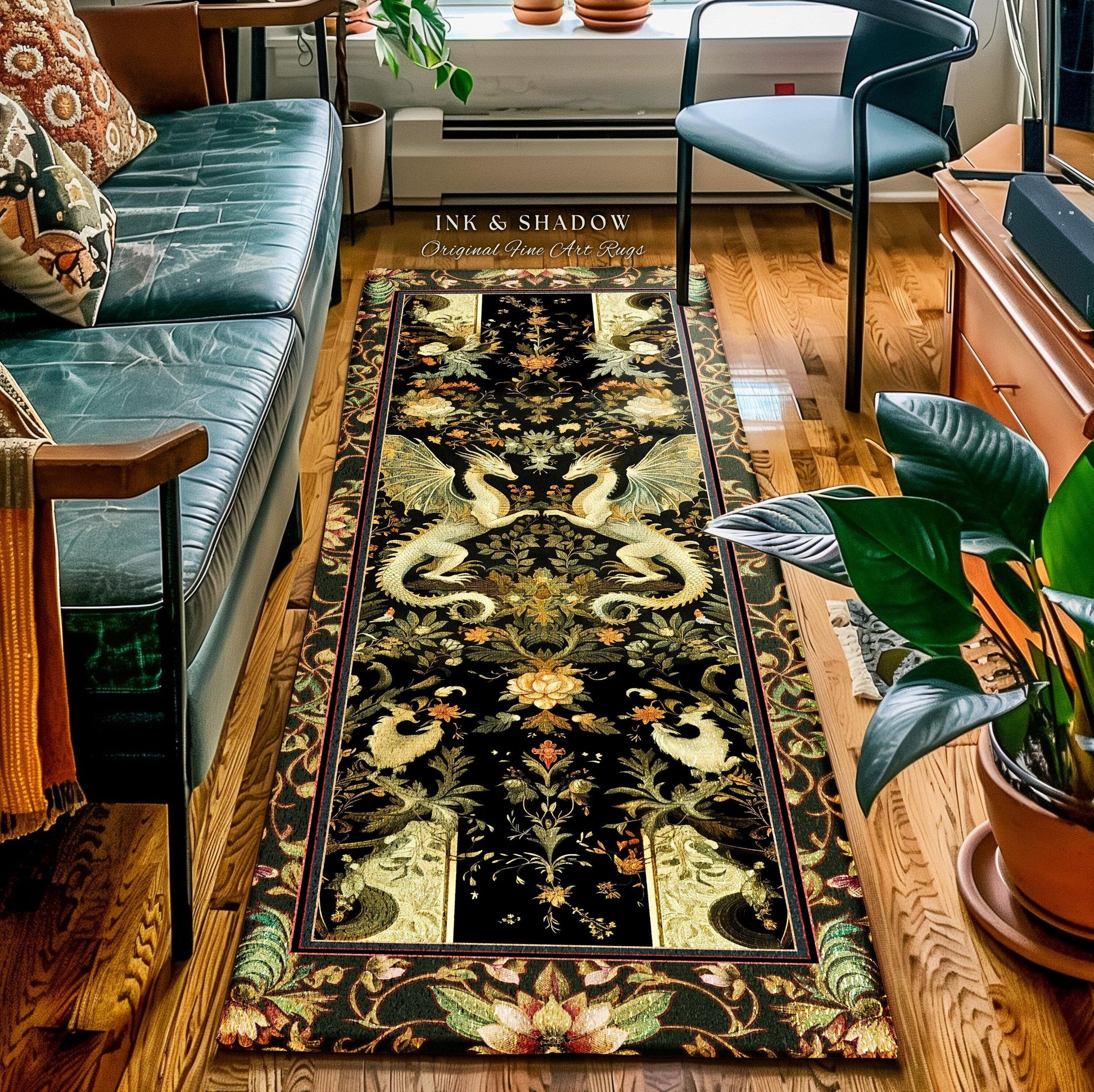 Ornate Antique Gold Folklore Aesthetic Baroque Dragon Runner Rug | Enchanting Art Deco Gothic Decor Maximalist Fantasy Mystic Home Accent