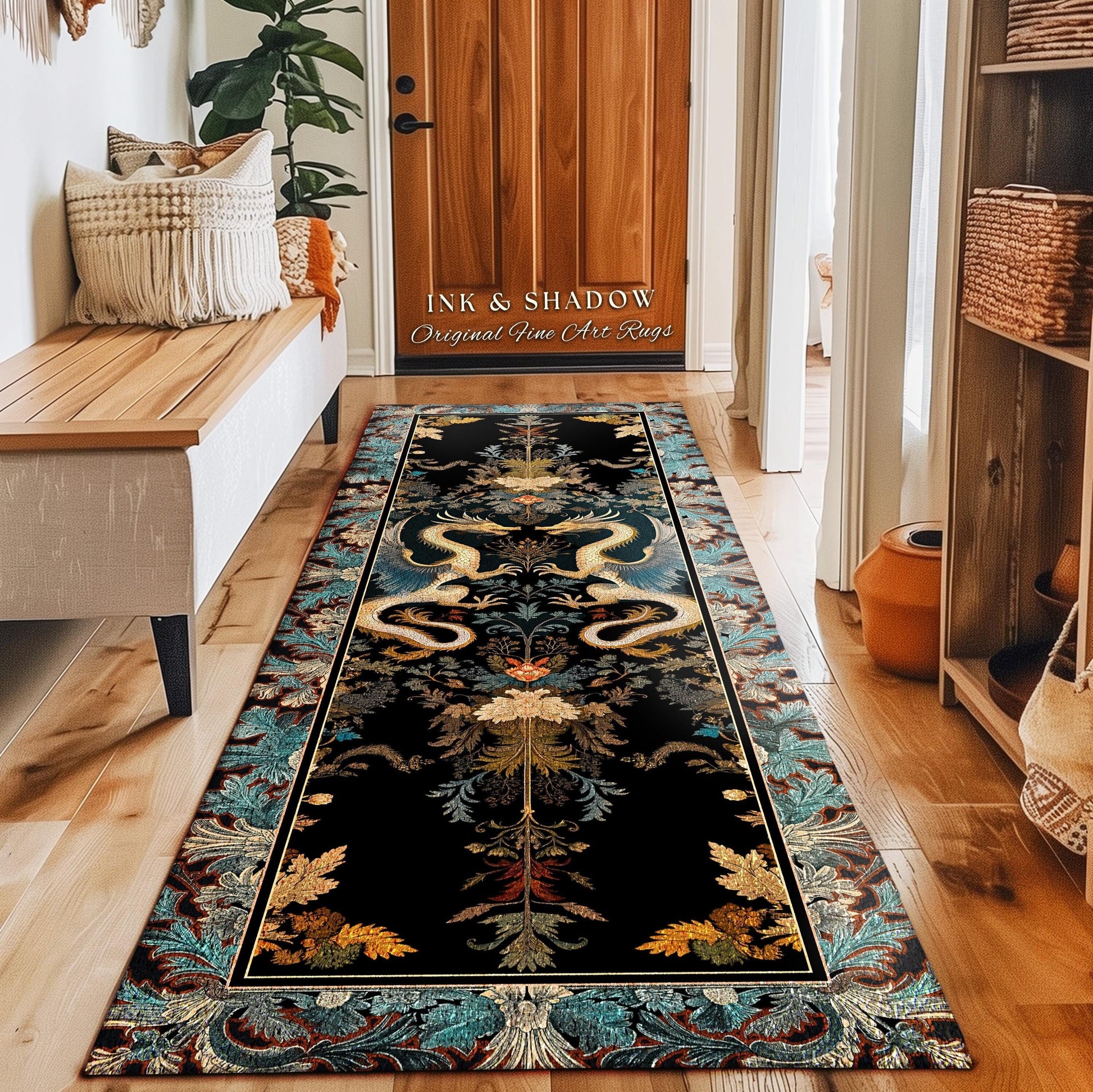 Art Deco Dragon Runner Rug Antique Mystical Baroque Style Decor | Abstract Dragon Art Rug Whimsical Aesthetic Home Dark Academia Teal Accent