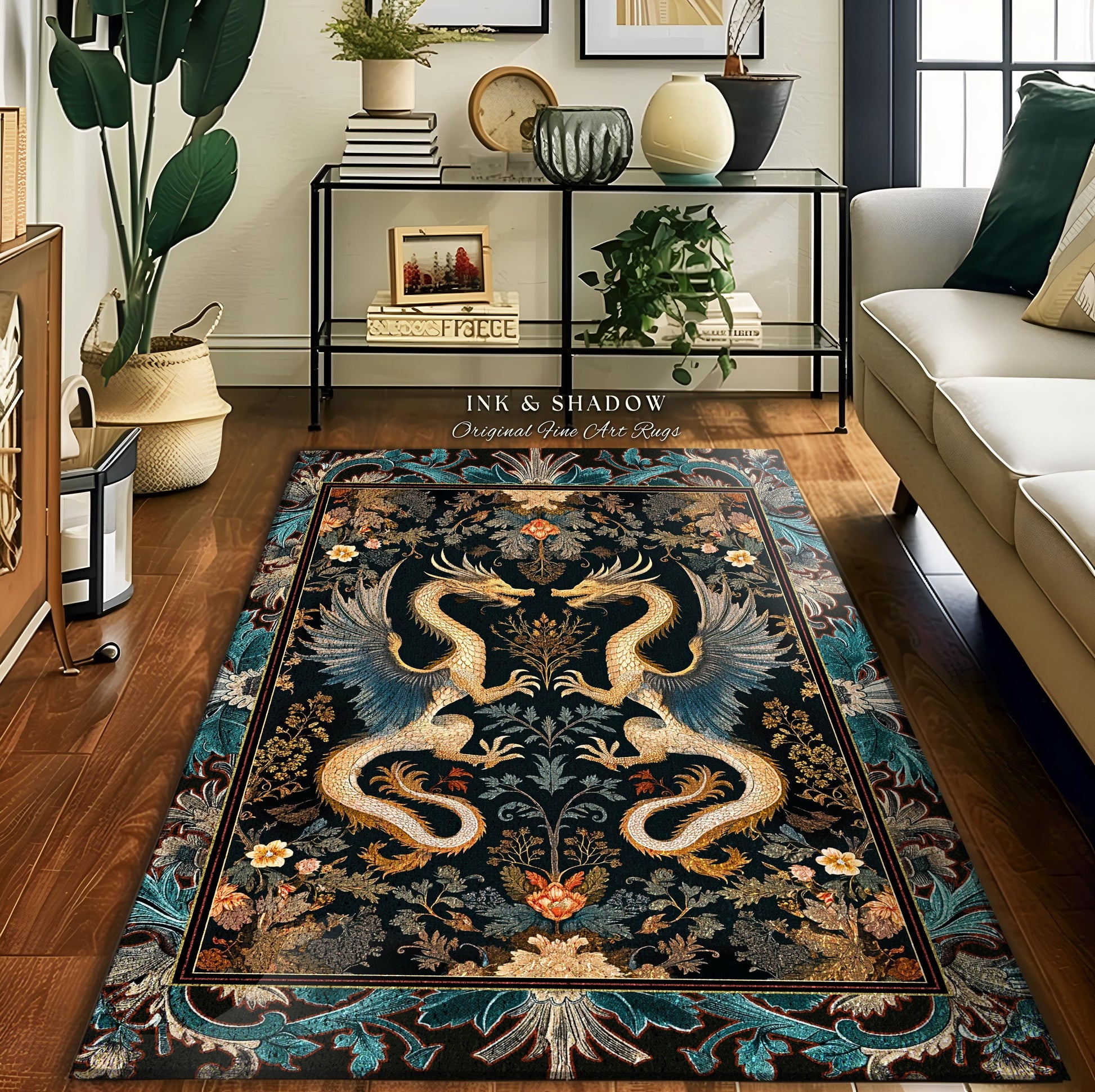 Art Deco Dragon Area Rug Antique Mystical Baroque Style Decor | Abstract Dragon Art Accent Rug Whimsical Aesthetic Home Dark Academia Teal