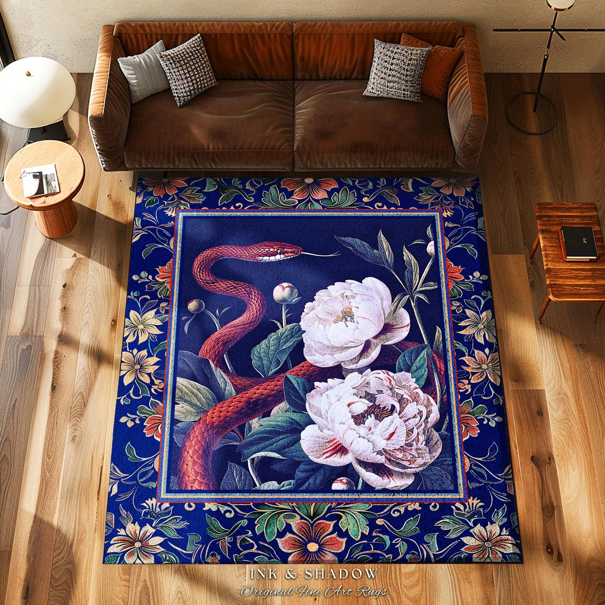 Moody Dark Botanical Serpent Enchanted Floral Rug Exotic Gothic Aesthetic, Ethereal Woodland Snake Victorian Art Nouveau Midnight Blue Decor